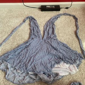 blue and white stripped romper size small